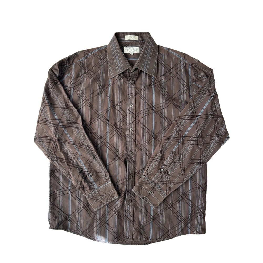 Eighty Eight Men's Brown Blue Plaid Button Up Long Sleeve Shirt Size Large